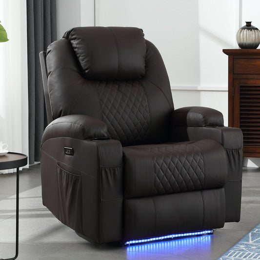 IBTKIG Power Recliner Chair with Heat and Massage, PU Leather Home Theater Seating with LED Lights/Cup Holders/Side Pocket/USB Port, Reclining Sofa Chair for Living Room (1, Brown)