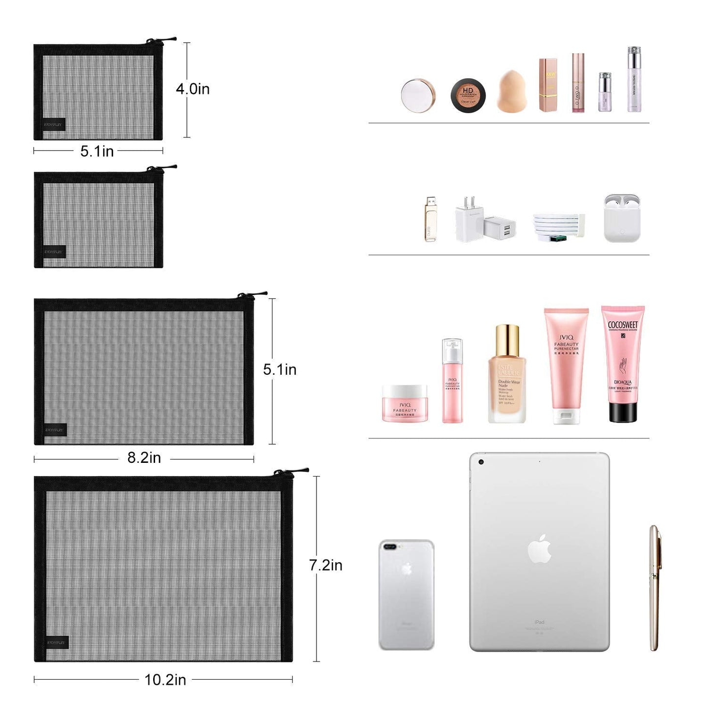 EASYFUN Mesh Pouch, Make up Bag with Zipper Cosmetic Organizer Pouch for Daily or Travel to Keep Small Items, 4 PCS Black