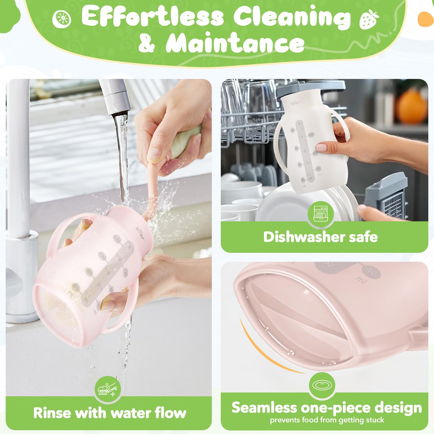 Bear Reusable Silicone Baby Food Pouches, 2 Pack Refillable Squeeze Pouch for Toddlers, Baby Food Containers Dishwasher&Freezer Safe | Make Homemade Organic Food for Babies, 5oz, 6m+