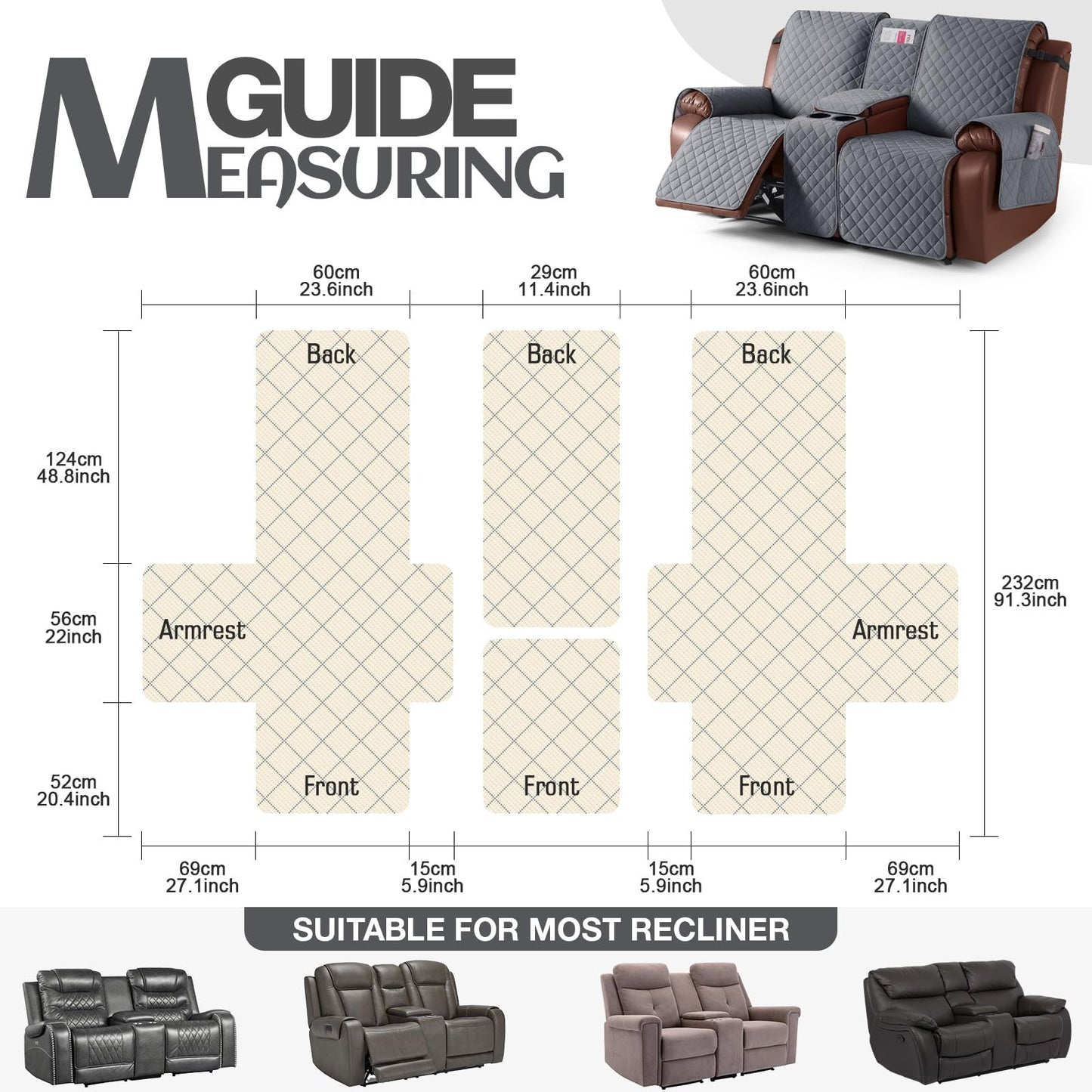 KinCam 100% Waterproof Recliner Loveseat Cover with Console, Non-Slip Reclining Couch Covers for 2 Seat, Recliner Sofa Cover Furniture Protector with Elastic Straps for Kids, Pets, Dark Gray