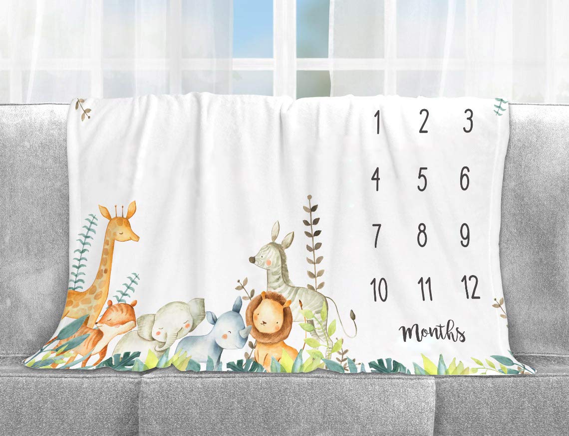 Popfavors, Yuzioey Safari Baby Monthly Milestone Blanket - Jungle Animals Growth Chart for Nursery Decor - White, 50Inx40In - Includes Marker