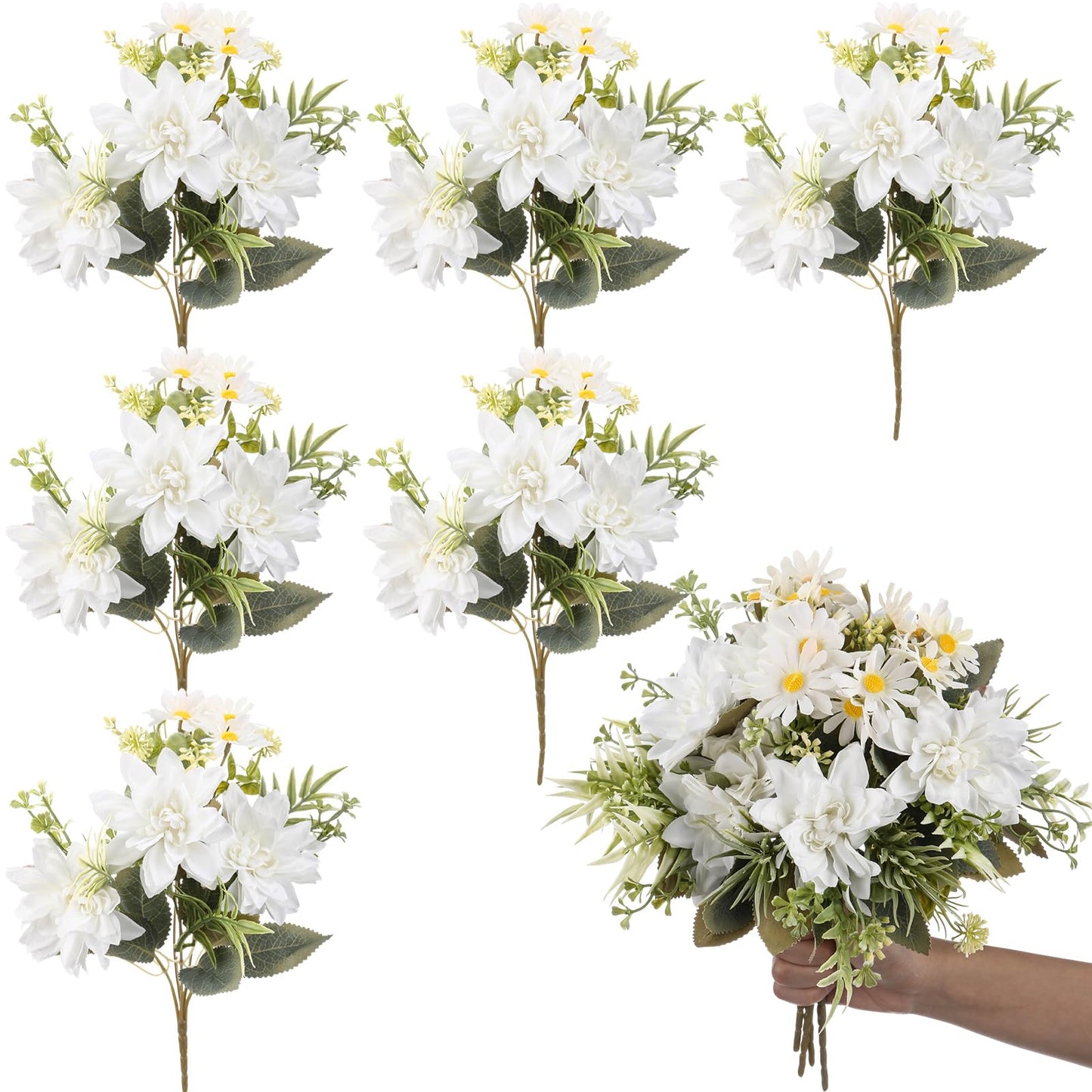 Giegxin 6 Bundles Artificial Dahlia Flowers Bouquets with Daisies Silk Flowers Artificial with Stems Floral Arrangements Faux Dahlias for Home Wedding Party Office Decor(White)