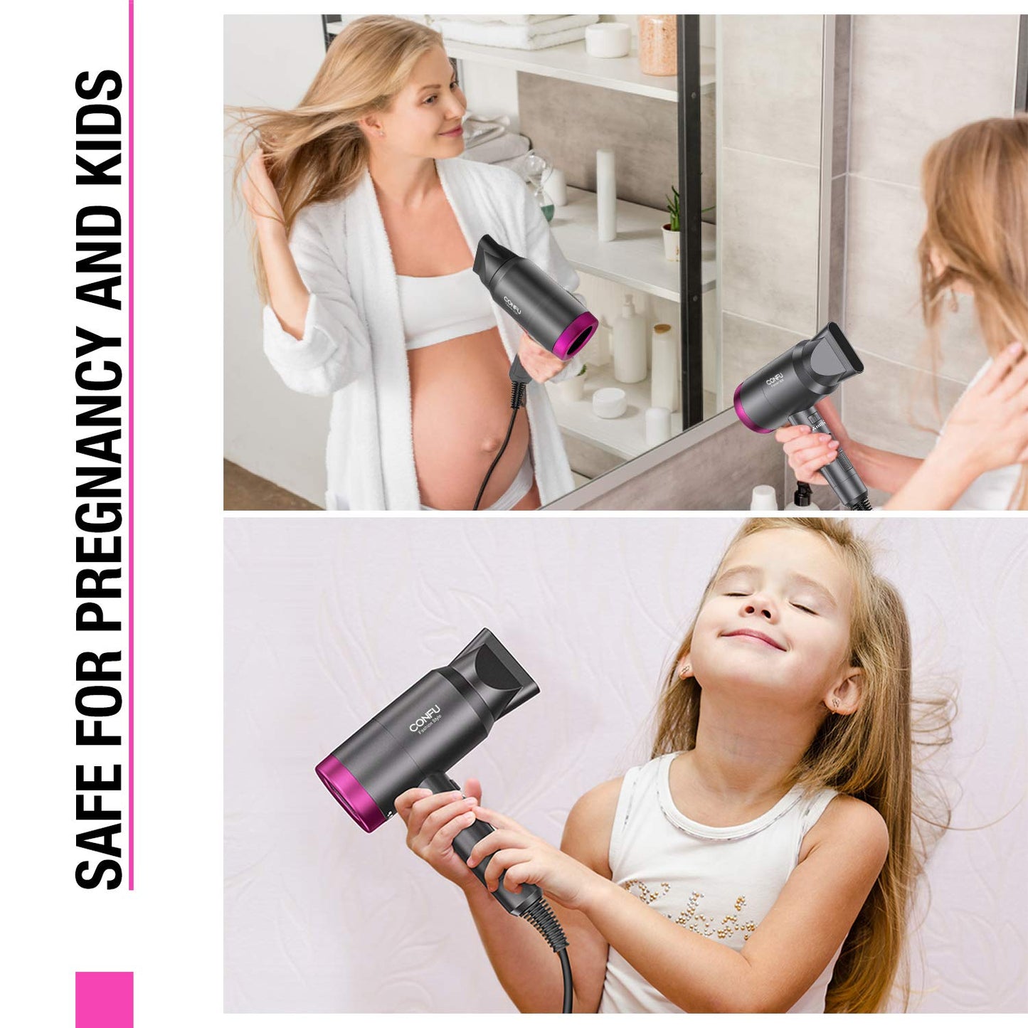 CONFU Ionic Blow Dryer 1600W, Portable Lightweight Fast Drying Negative Ion Hairdryer Blowdryer, 3 Heat Settings & Infinity Speed, with Diffuser and Concentrator Nozzle for Home & Travel