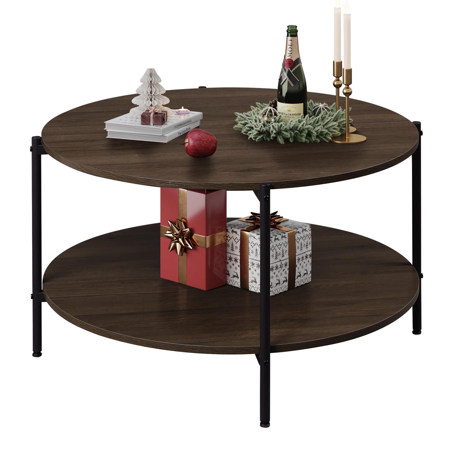 WLIVE Round Coffee Table for Living Room, 32.6" Small Coffee Table with Open Storage Shelf, 2-Tier Industrial Circle Wood Center Table for Bedroom, Home Office, Brown Walnut