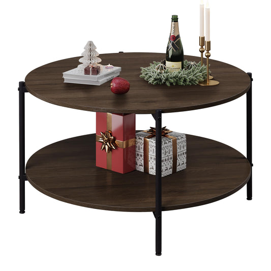 WLIVE Round Coffee Table for Living Room, 32.6" Small Coffee Table with Open Storage Shelf, 2-Tier Industrial Circle Wood Center Table for Bedroom, Home Office, Brown Walnut