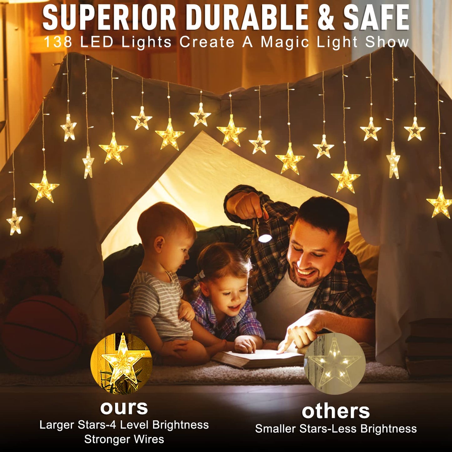 TOFU Star Curtain Lights, 108 Led 12 Stars Remote Window Curtain String Lights Plug in with 8 Flashing Modes Decoration for Christmas, Wedding, Bedroom, Party, Birthday, 7.3ft W, 3.3ft H, Warm White