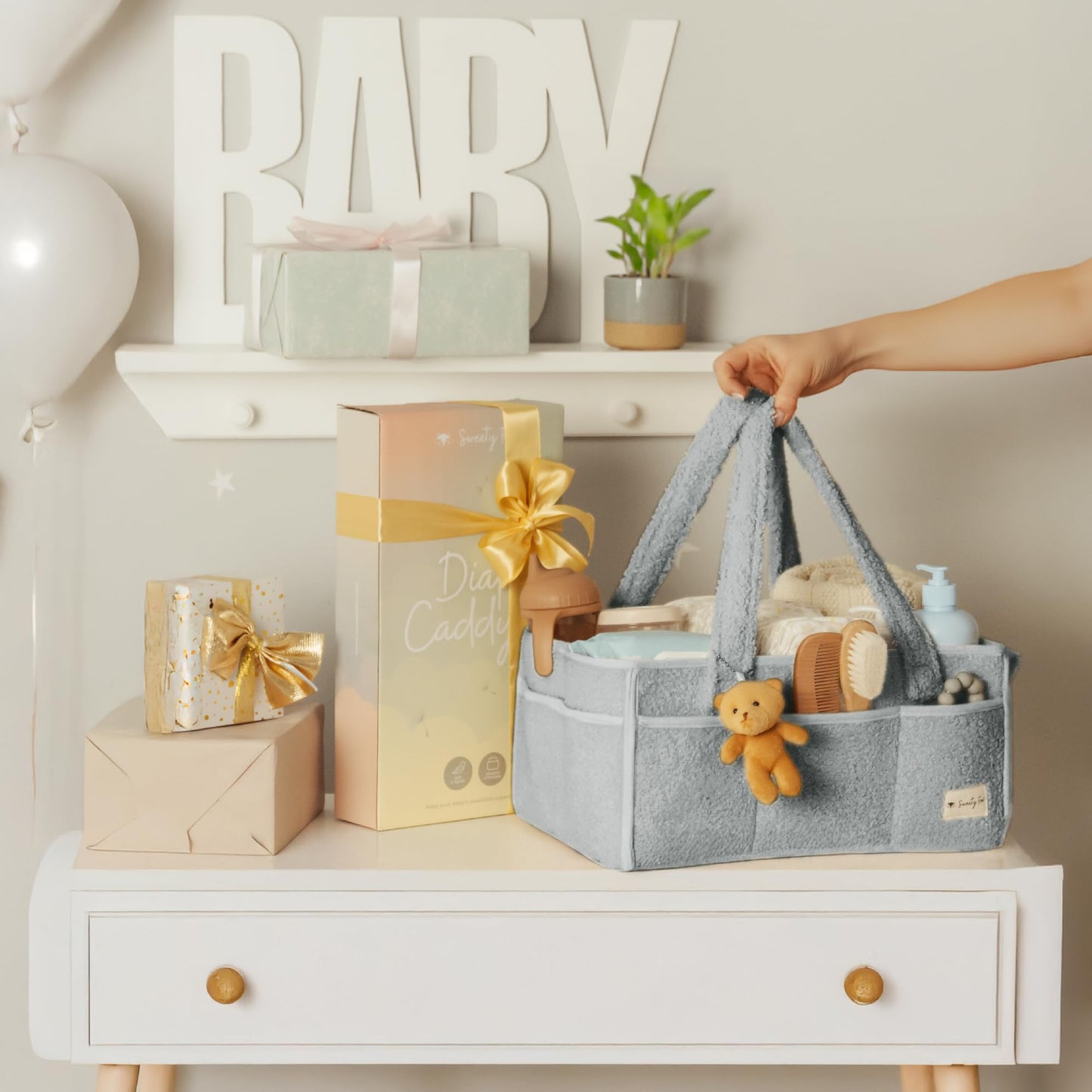 Sweety Fox Baby Diaper Caddy Organizer with Handle - Portable Sherpa Nursery Basket - Car Diaper Organizer, Cleaning Caddy, Gift for Baby Shower - Grey