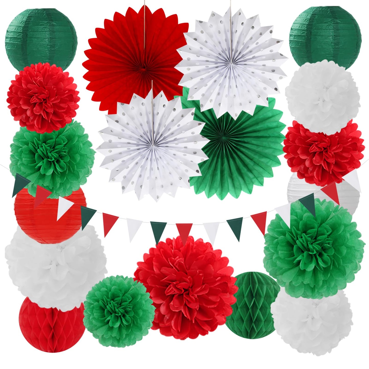 Red Green-White Christmas Party Decorations - 20pcs Mexican Italian Paper Lanterns Fans,Tissue Pom Poms,Honeycomb Balls,Bunting,Birthday Mexico Italy Baby Shower Wedding Decor Burgleda