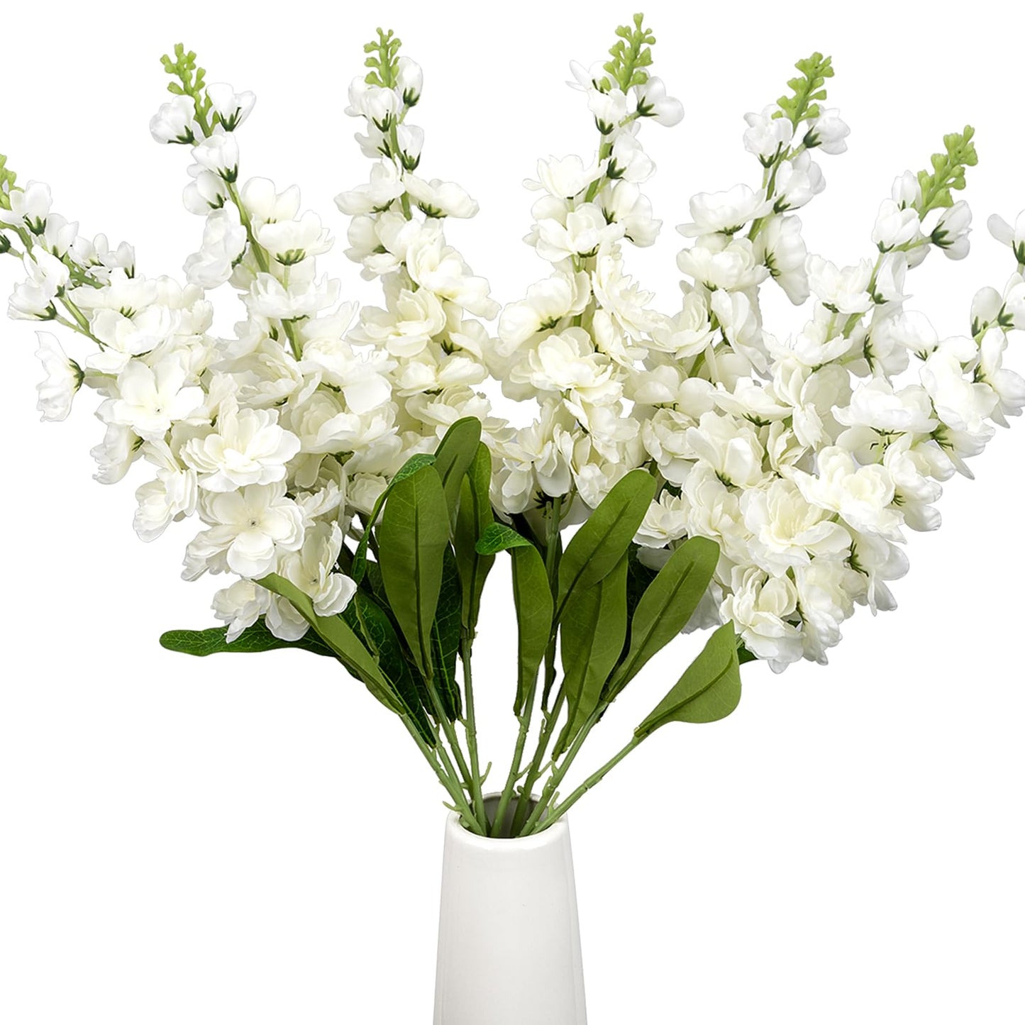 6PCS 36.2 inch Delphinium Artificial Flowers Larkspur Fake Flowers Long Stem Faux Silk Delphinium Flowers Bulk for Tall Vase for Home Wedding Floral Arrangement Centerpiece Table Decorations (White)