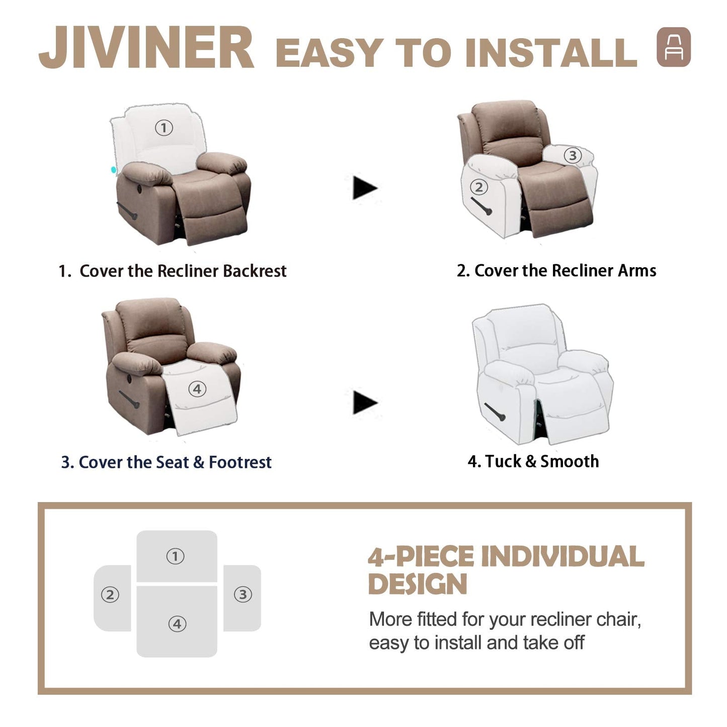 JIVINER 4-Piece Recliner Chair Covers Stretch Jacquard Chair Covers for Reclining Chair Recliner Slipcovers for Living Room Soft Recliner Protector with Pocket (Recliner,Dark Coffee)