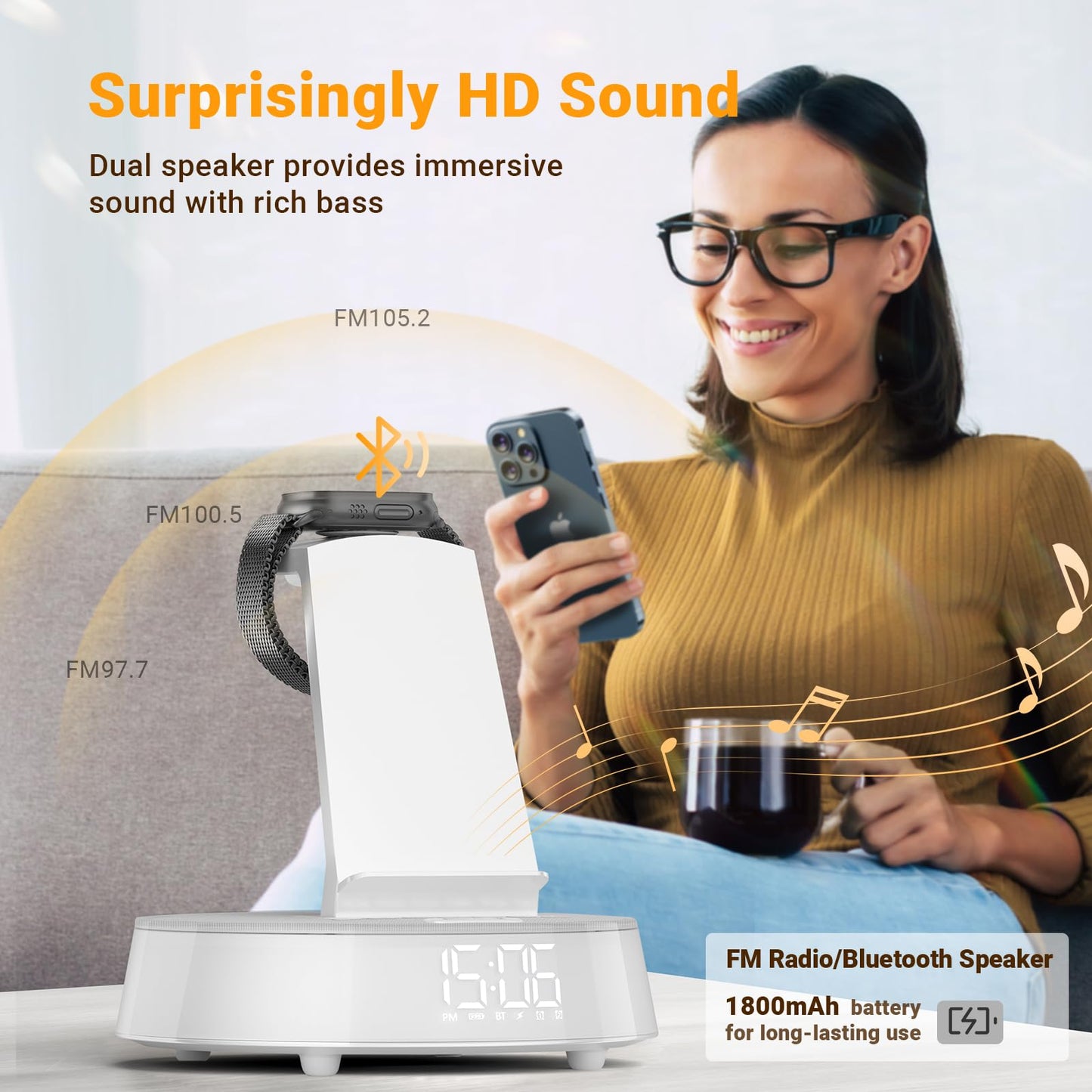 Alarm Clocks for Bedrooms with Wireless Charging Station, iPhone Charging Station with Dimmable Night Light Bluetooth Speaker, Wireless Charger for iPhone 16 15 14 13 Pro Max, Apple Watch, AirPods 3