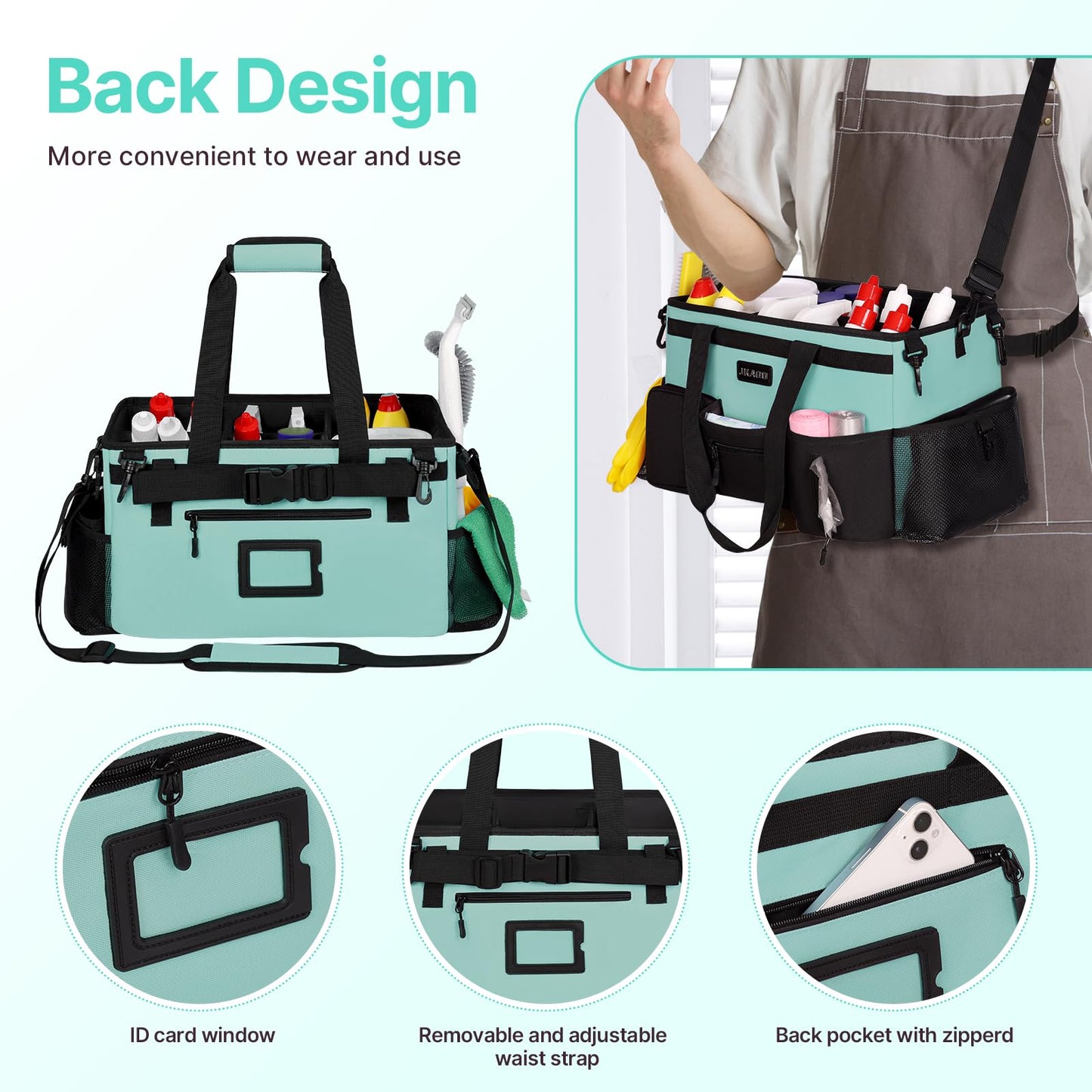 JKAOO Large Wearable Cleaning Caddy Bags, Cleaning Supplies Storage Bag with Handles and Adjustable Shoulder Strap and Removable Waist Straps,Waterproof Cleaning Tote for Home,Car,Office
