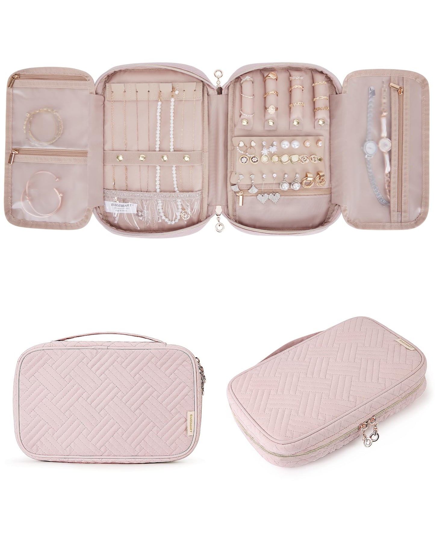 BAGSMART Jewelry Organizer Case Travel Jewelry Storage Bag for Necklace, Earrings, Rings, Bracelet, Soft Pink