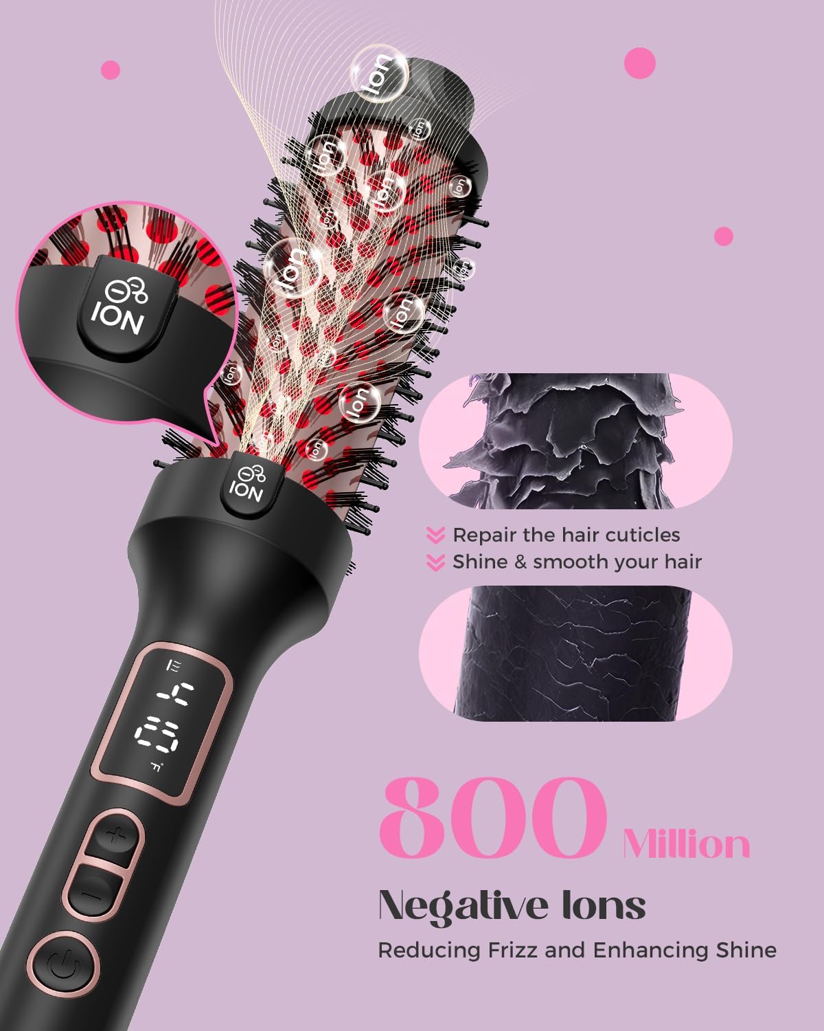 Upgraded Infrared Bounce Brush, Heated Thermal Round Brush with 5 Heat Settings & LED Display, 1.5 Inch lonic for Hair Straightener & Curling Wand, Dual Voltage, Blowout Look, Gifts for Women