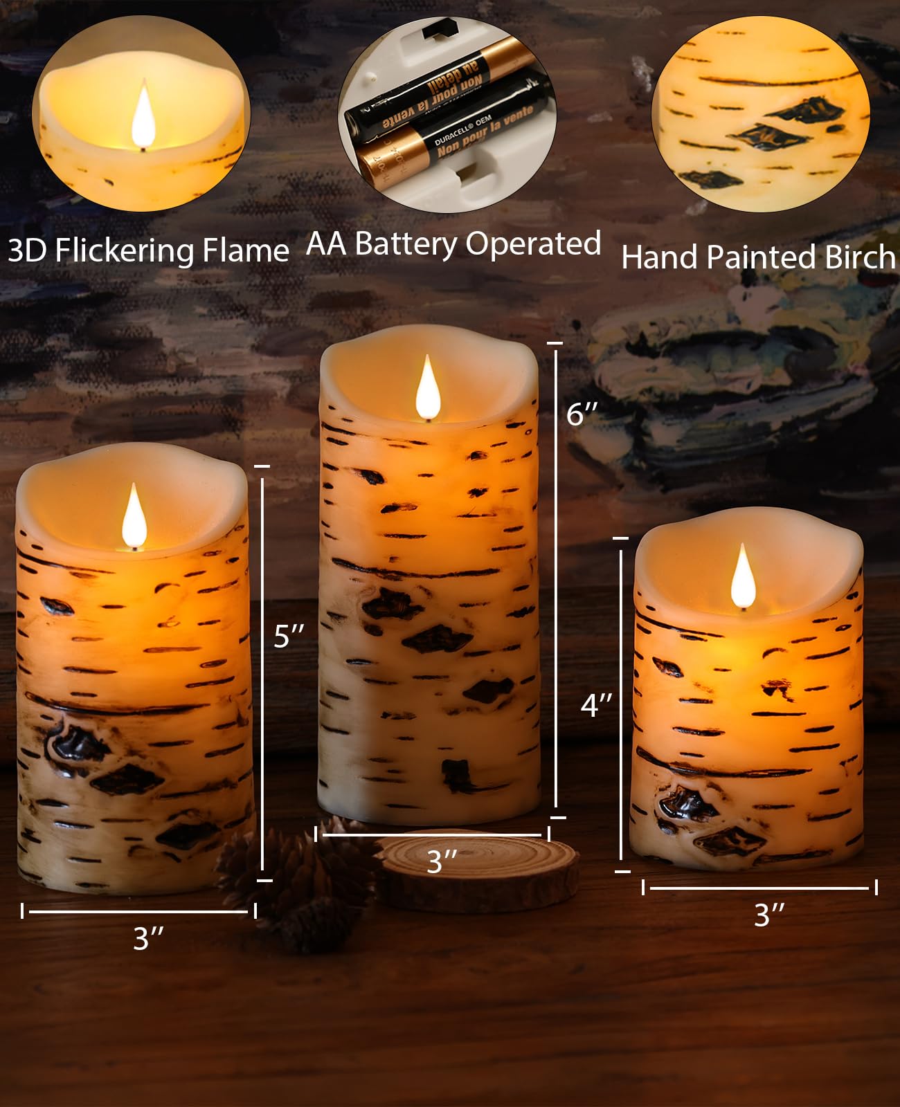 QQFCTOO Flameless Birch Bark Candles Flashing Battery Operated Candles LED Pillar Candles with Remote Control and Timer Set of 3