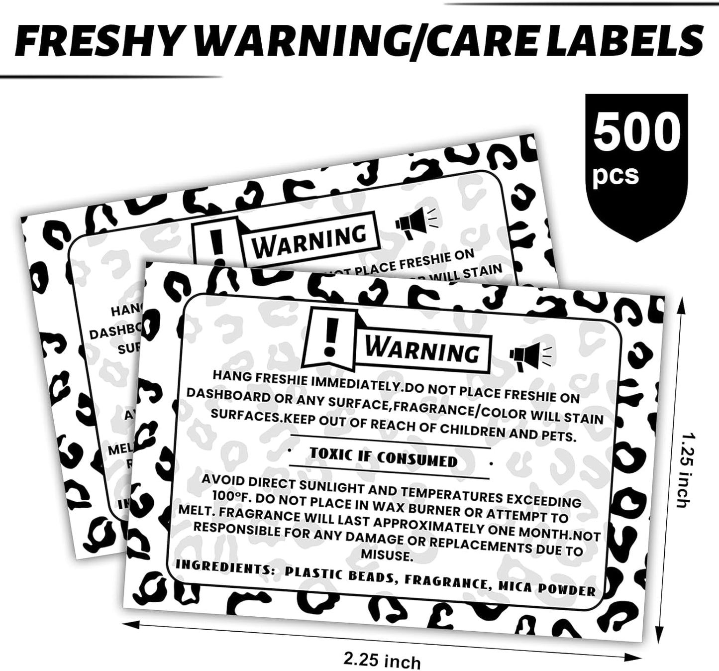 Yeaqee 500 Pcs Freshie Warning Label Stickers 2.25 x 1.25 Inches Waterproof Freshies Care Instructions Labels for Car Supplies DIY Crafts and Beads Silicone Molds with Leopard Background Design