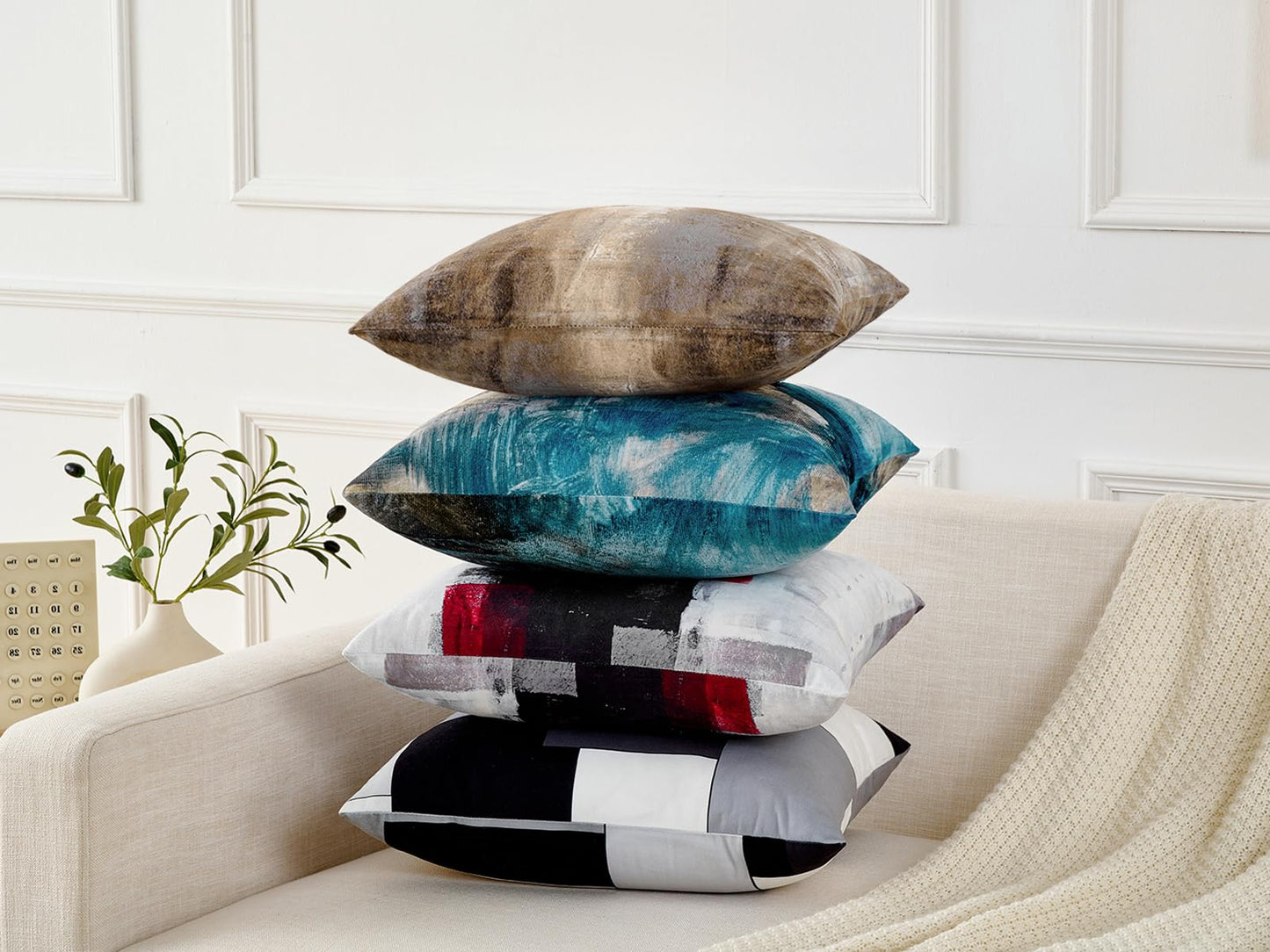 Alricc Decorative Abstract Art Throw Pillow Covers 18x18 (Set of 2) - Modern Oil Painting Textured for Couch, Living Room, Bed - Dark Brown Contemporary Design