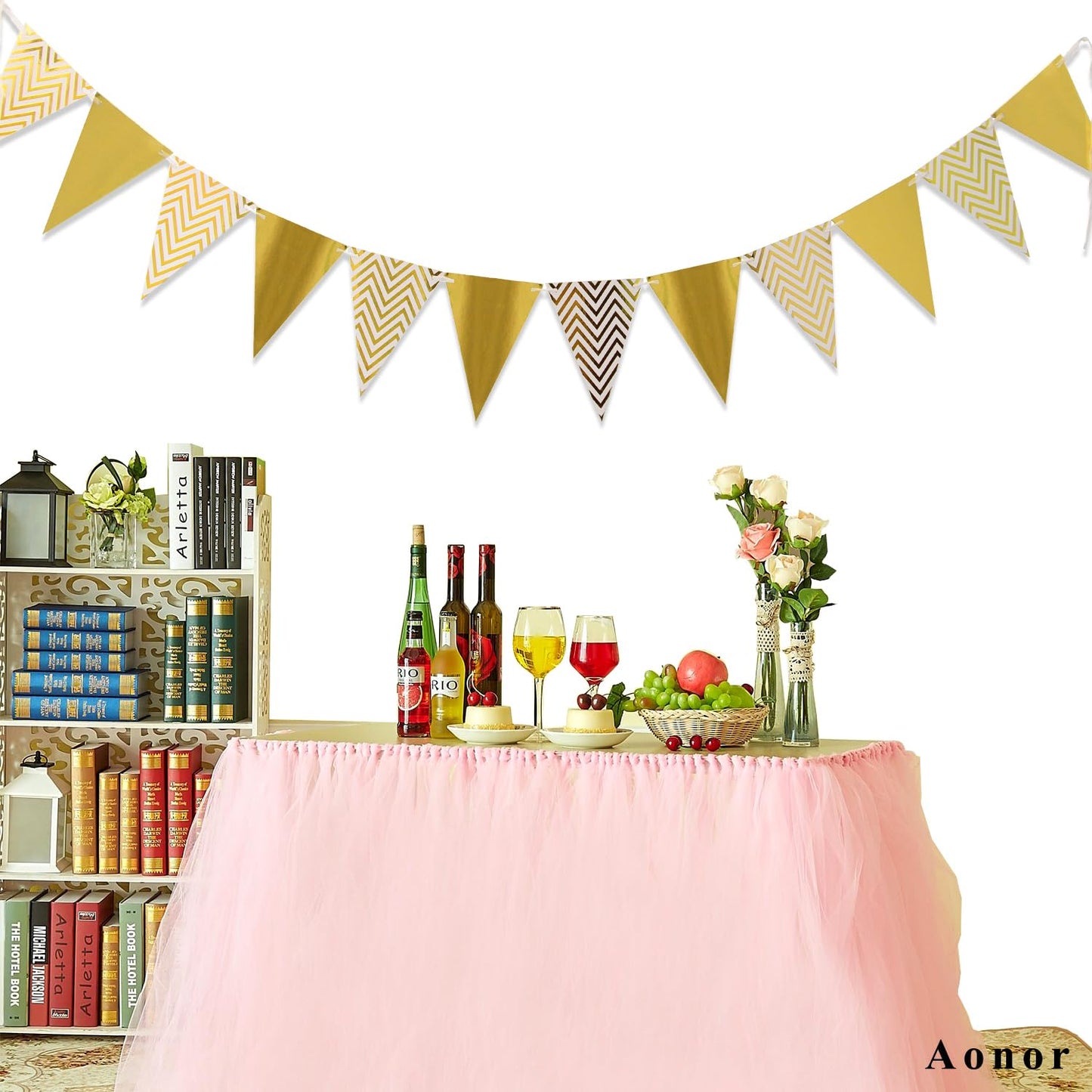 Aonor Sparkly Paper Pennant Banner Triangle Flags Bunting 8.2 Feet and Tissue Paper Tassels Garland 15 pcs for Baby Shower, Birthday Party Decorations, Metallic Gold