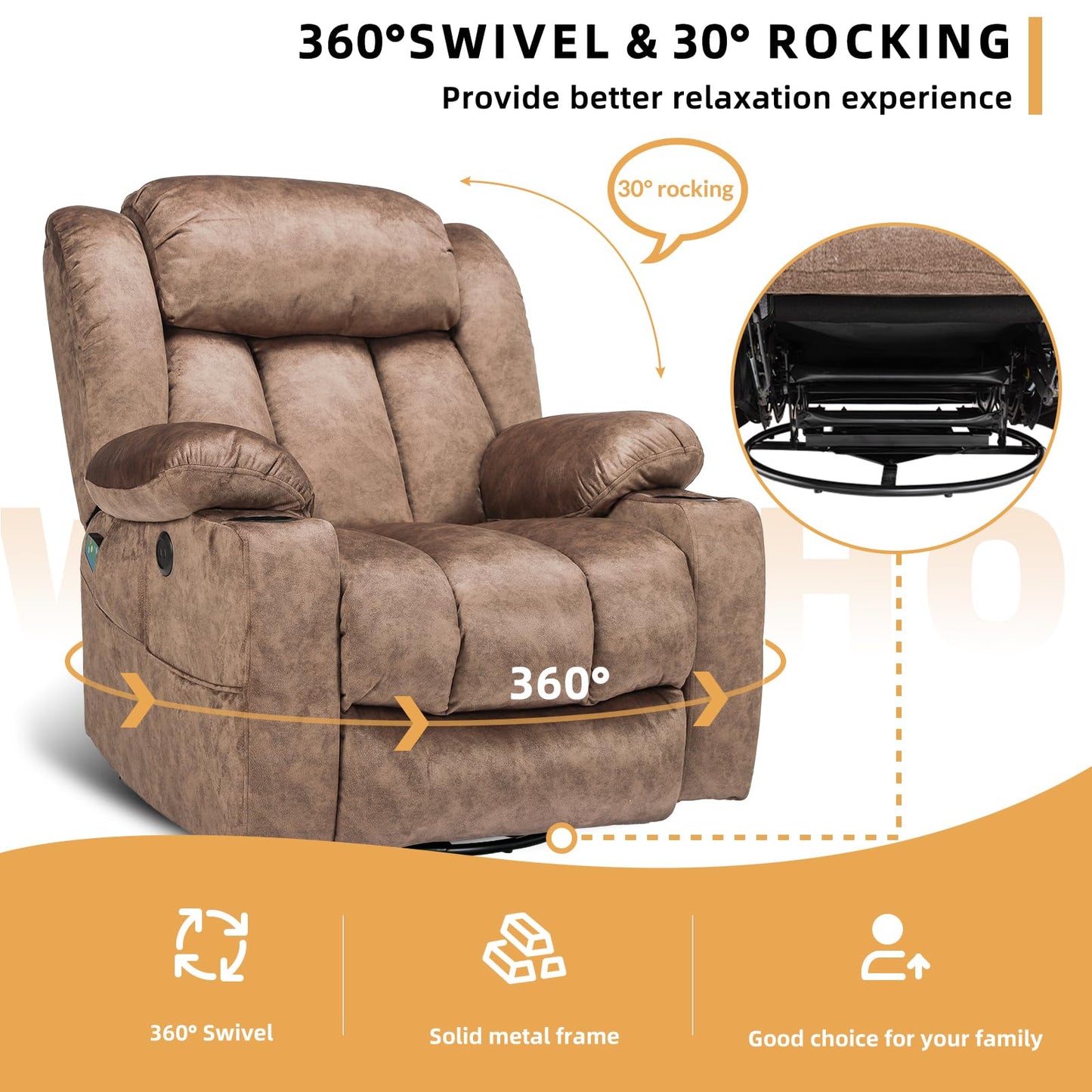 W WARMHOL 360° Swivel Glider Rocking Recliner Chair, Overstuffed Manual Massage Recliner with Heat and Vibration, Single Modern Sofa Home Seating for Living Room, Cup Holders/USB Ports (Plush-Brown)