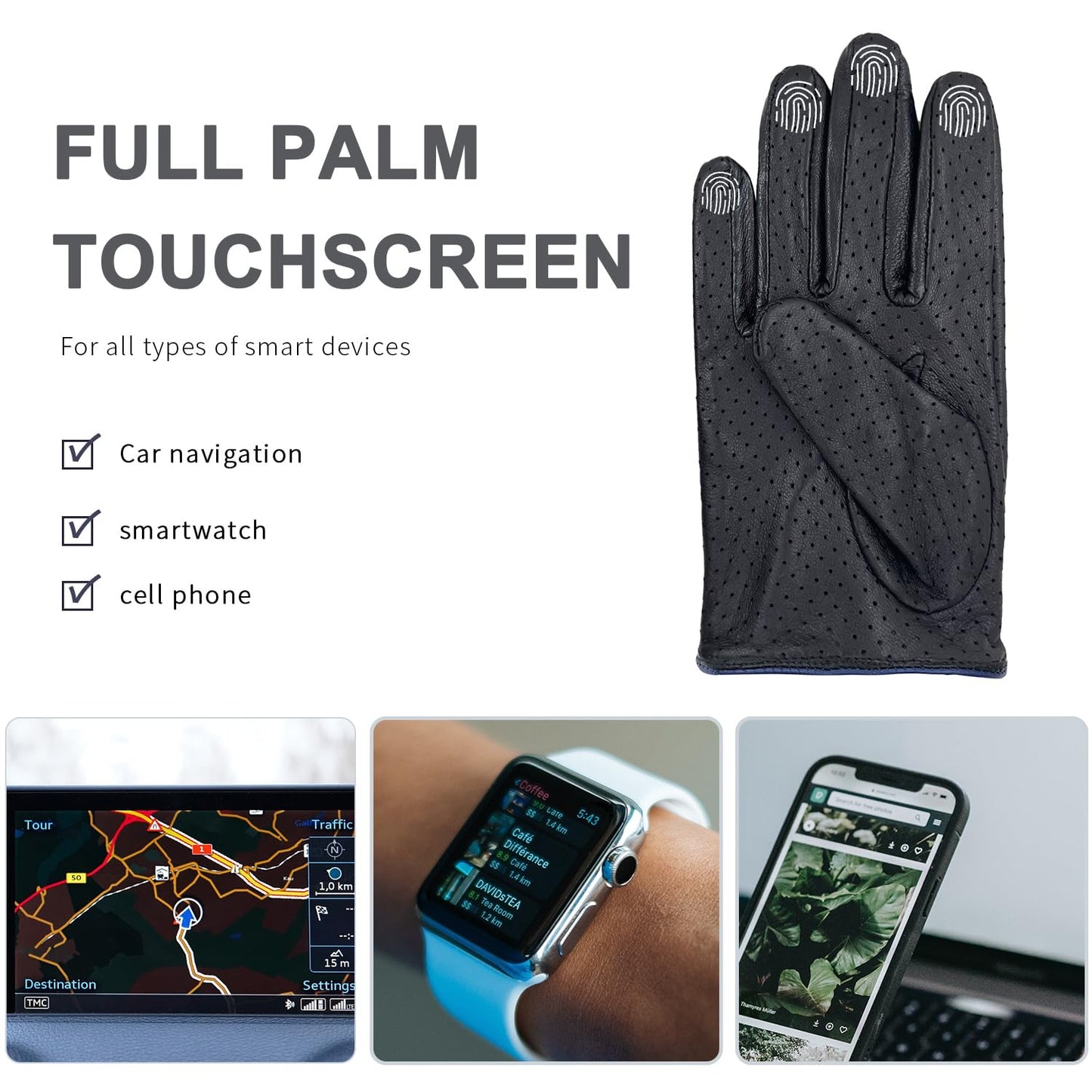 Zjjseloru Mens Genuine Lambskin Leather Driving Gloves Unlined, Touchscreen, Black&blue, XXL