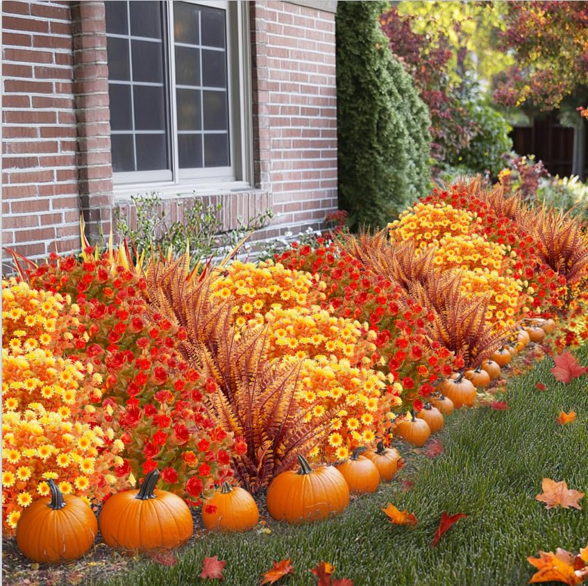 TURNMEON 20 Bundles Artificial Fall Flowers Fall Decorations for Home-UV Resistant Fake Mums Artificial Flowers for Outdoors Faux Plant Plastic Flowers Gardens Porch Autumn Thanksgiving Fall Decor