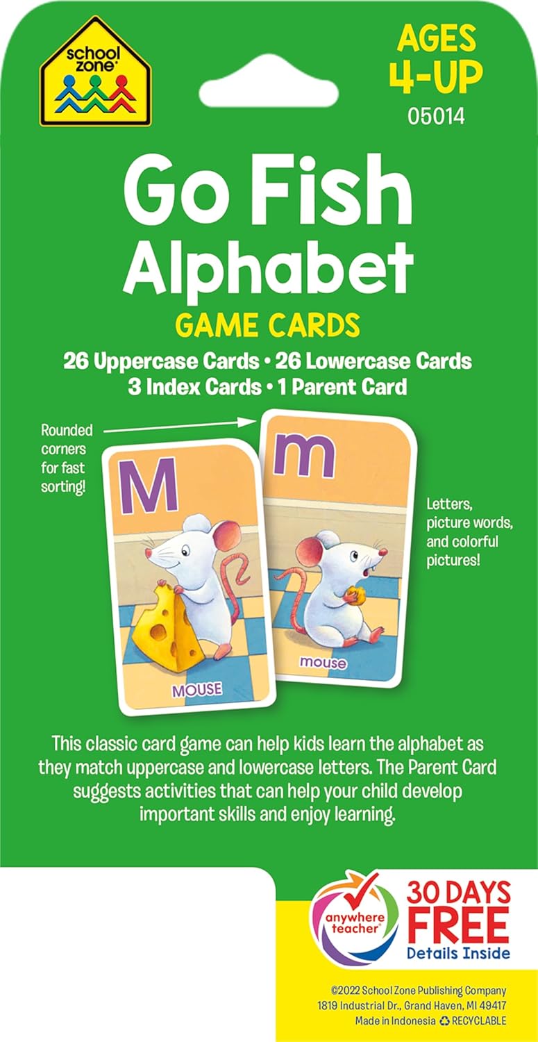 School Zone Go Fish Alphabet Game Cards: Preschool, Kindergarten, 1st Grade, ABC's, Matching, Uppercase and Lowercase Letters, Word-Picture Recognition, Animals, Ages 4+, Packaging May Vary
