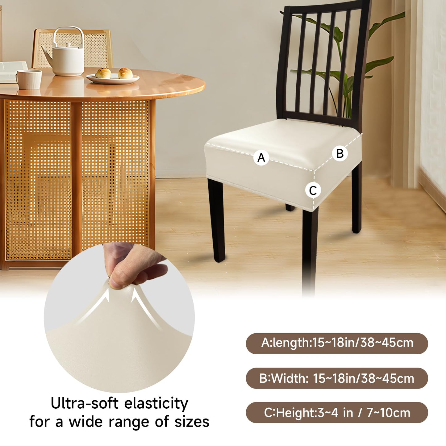 Lufyzora Leather Seat Covers Dining Chairs Waterproof Kitchen Chair Seat Covers Set of 2, Wipeable 4-Sided Super Elastic PU Chair Covers Dining Chairs for Dining Room and Dust Resistant(Cream, 2PCS)