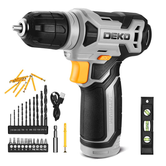 DEKOPRO 8V Cordless Drill, Drill Set with 3/8"Keyless Chuck, 42pcs Acessories, Built-in LED, Type-C Charge Cable, Gray Power Drill for Drilling and Tightening/Loosening Screws