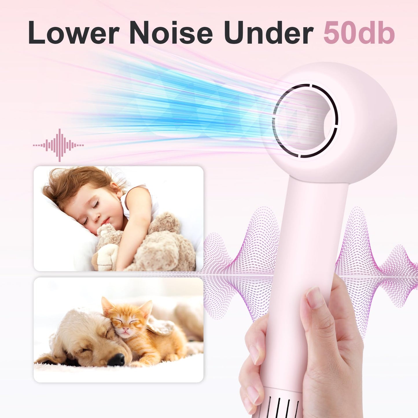 High Speed Hair Dryer, 160000 RPM Brushless Motor 500 Million Negative Ionic Blow Dryer, Travel Fast Drying Hairdryer, Low Noise, Lightweight, Blowdryer with Nozzle, Home Use,Pink