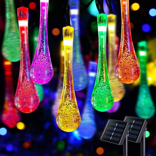 JMEXSUSS 2 Pack Solar String Lights Outdoor Waterproof, Total 41.6FT 60 LED Teardrop Water Drop Solar Light, Multi Colored Christmas Lights for Garden Patio Yard Tree Party Christmas Decorations