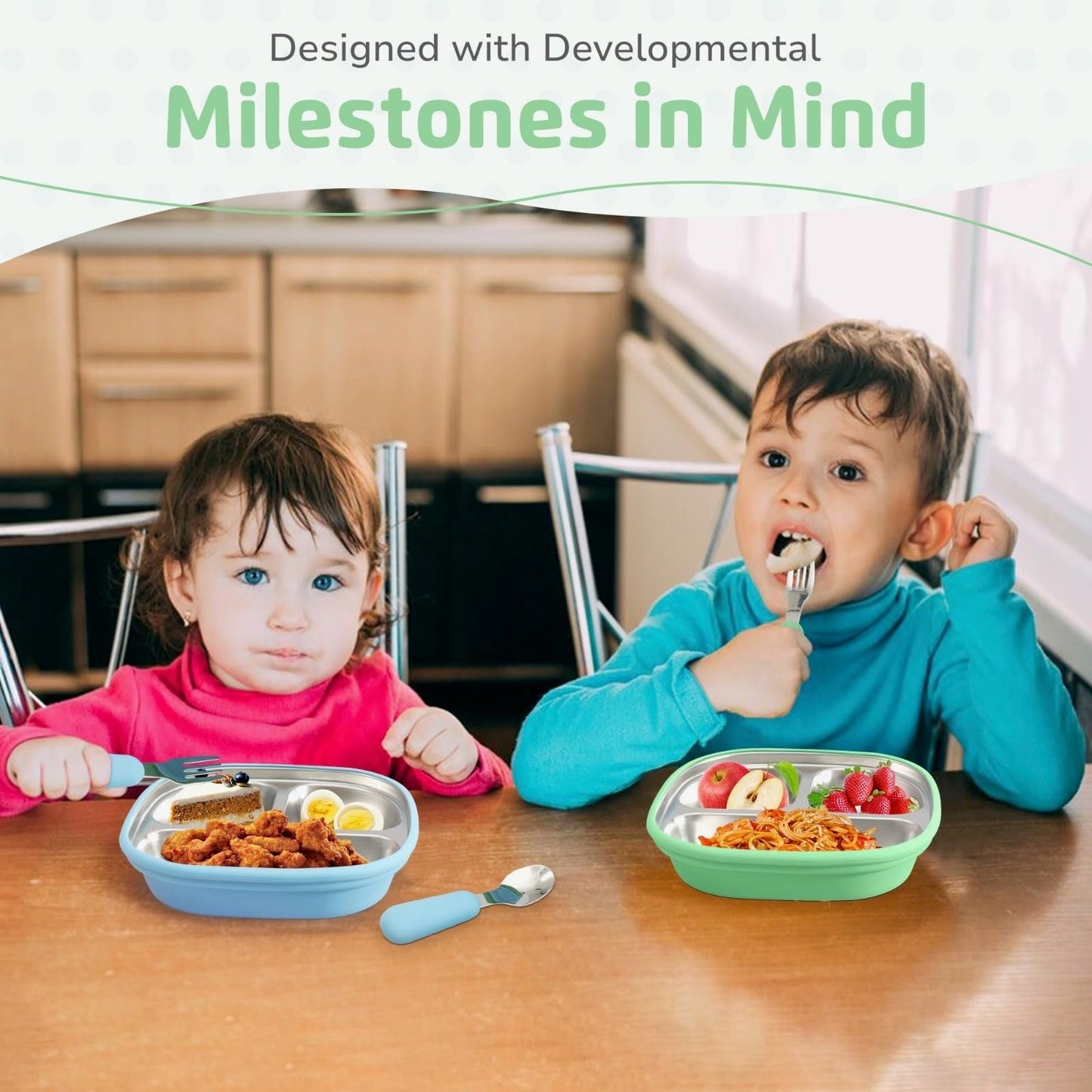 LYA Stainless Steel Suction Plates for Baby - Food Grade Stainless Steel Baby Feeding Set with Removable Silicone Wrap - 2x Children’s Non-Toxic Plates with 2x Baby Spoons and 2x Forks - Blue/Mint