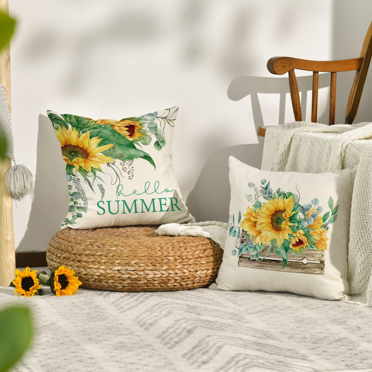 AVOIN Watercolor Sunflower Throw Pillow Cover, 18 x 18 Inch Eucalyptus Leaves Summer Holiday Party Cushion Case for Sofa Couch Set of 4