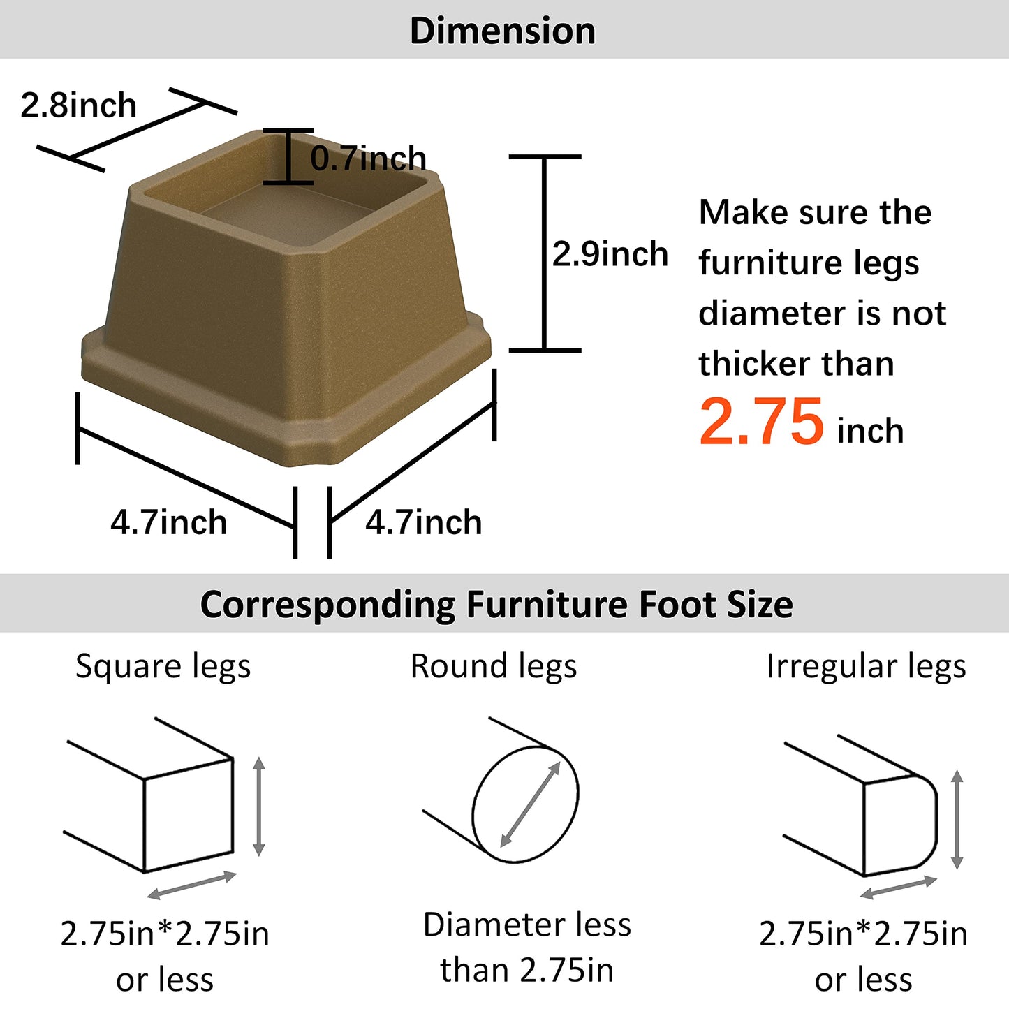 Whynonap Bed Risers 2 Inch Heavy Duty Bed Elevators, Set of 6 Lifts Up 2000 lbs Furniture Risers for Bed Frame ans Sofa, Brown