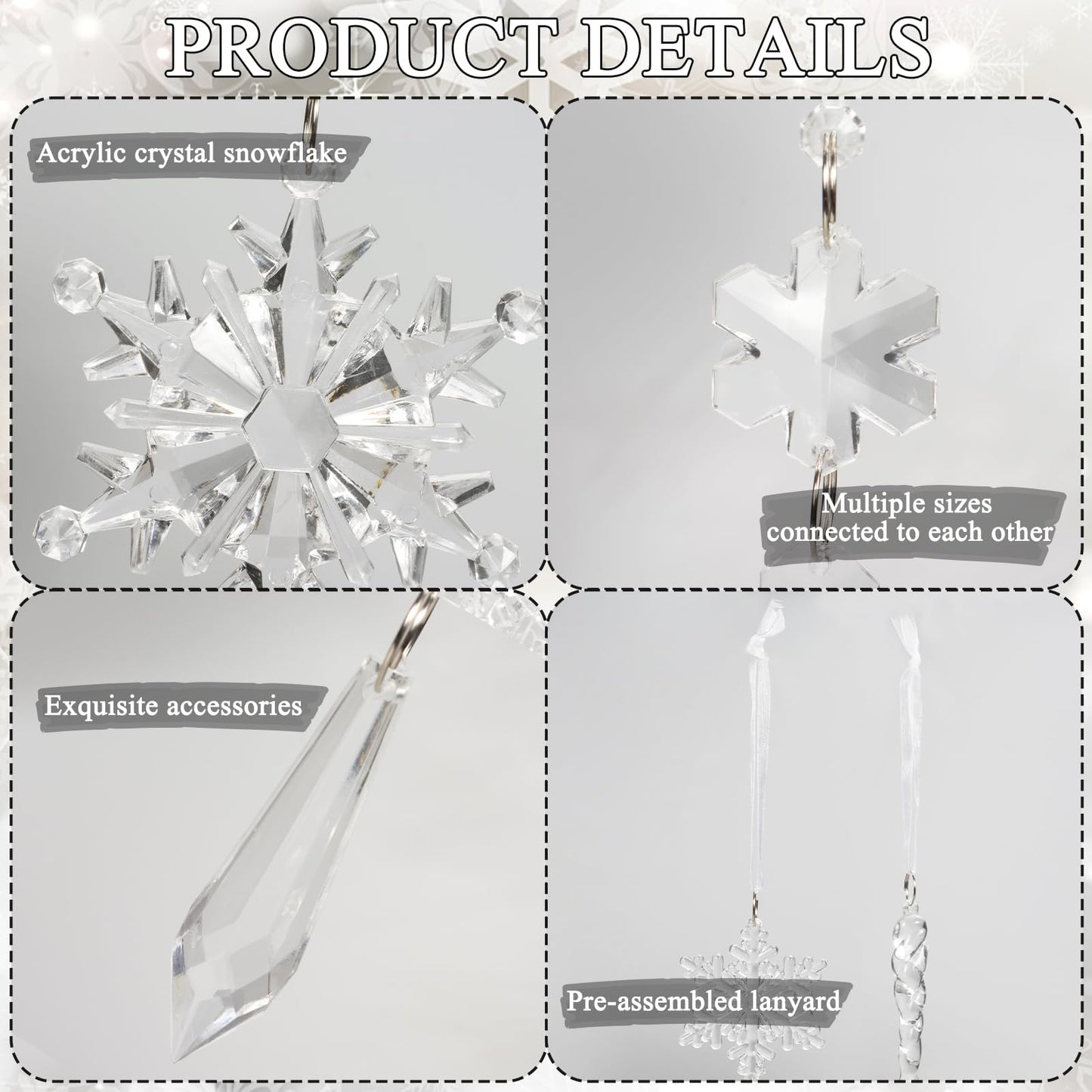 18pcs Crystal Christmas Ornaments for Tree Decorations-Hanging Acrylic Snowflake Icicle Ornaments with Drop Pendants for Winter Wonderland Chandelier Crystals Decorations Supplies