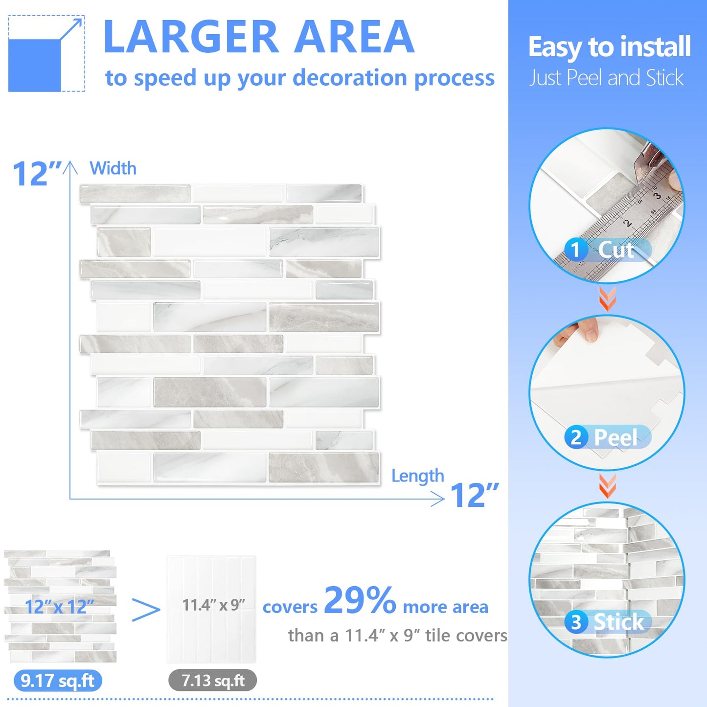 STICKGOO Thicker Design Peel and Stick Tile Backsplash, 12”×12” Stick on Backsplash for Kitchen, Self Adhesive Tile Stickers for Kitchen Backsplash and Bathroom(10 Sheets, Glossy Beige Gray)