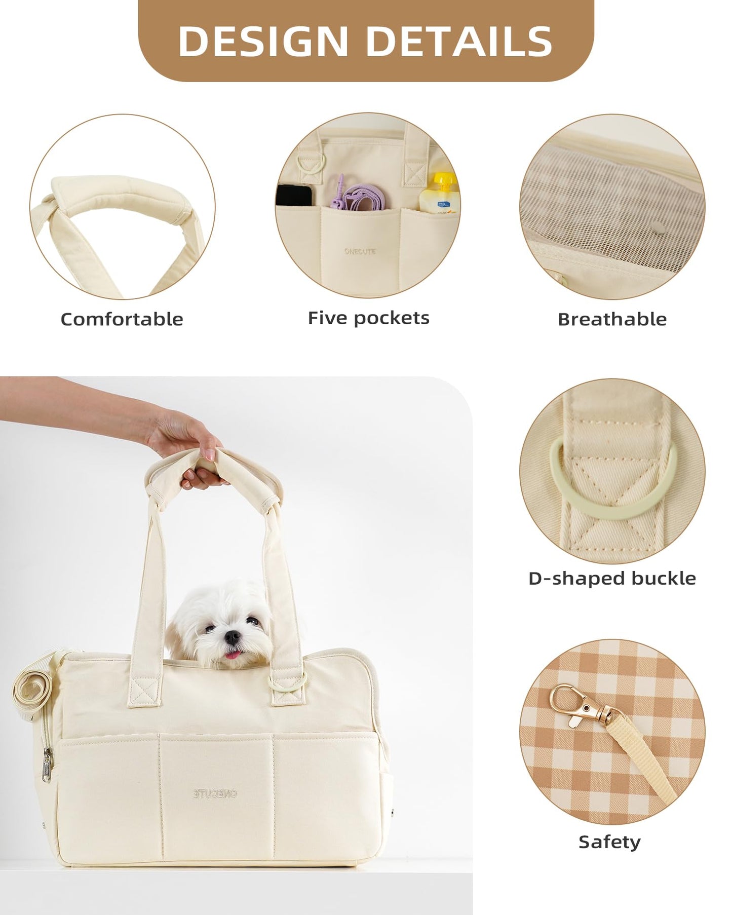 ONECUTE Dog Purse Carrier for Small Dogs Rabbit cat with Large Pockets, Cotton Bag, Dog Carrier Soft Sided, Collapsible Travel Puppy Carrier (Beige, 13.6" L x 6.5" W x 10" H)