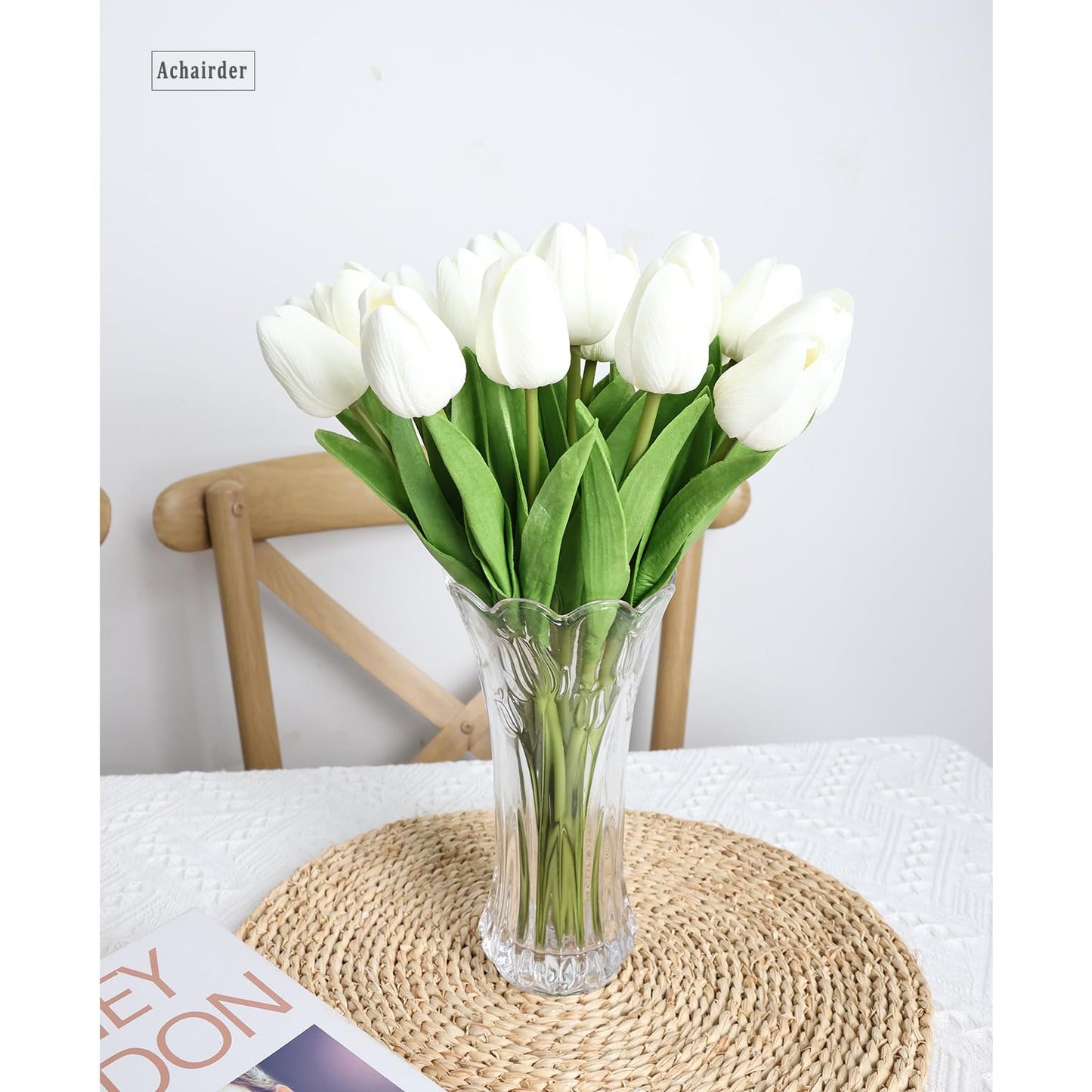 Achairder 30pcs Tulips Artificial Flowers, Artificial Latex Real Touch Tulips Flowers Bouquet for Mother's Day Easter Wedding Party Home Decor-White