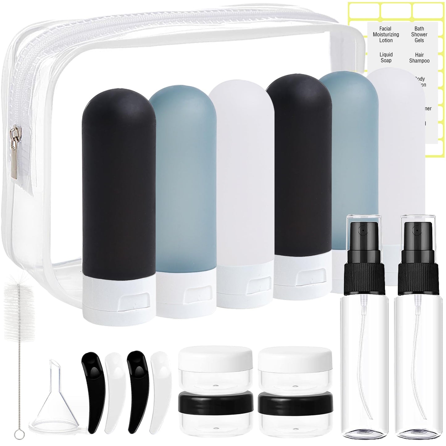 20 Pack Travel Bottles Set - TSA Approved Leak Proof Containers Kit for Toiletries - Portable Refillable Accessories for Shampoo, Conditioner, Lotion, Liquids (Black & White)