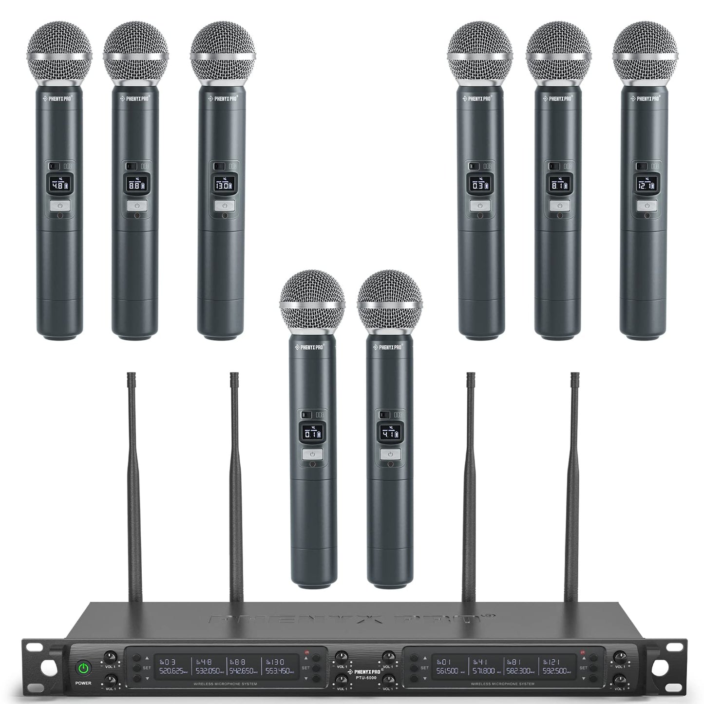 Phenyx Pro Wireless Microphone System, 8-Channel Wireless Mic, w/ 8 Handheld Dynamic Microphones, Auto Scan,8x40 UHF Frequencies, 328ft Range, Mics for Singing,Church, Karaoke(PTU-6000-8H)