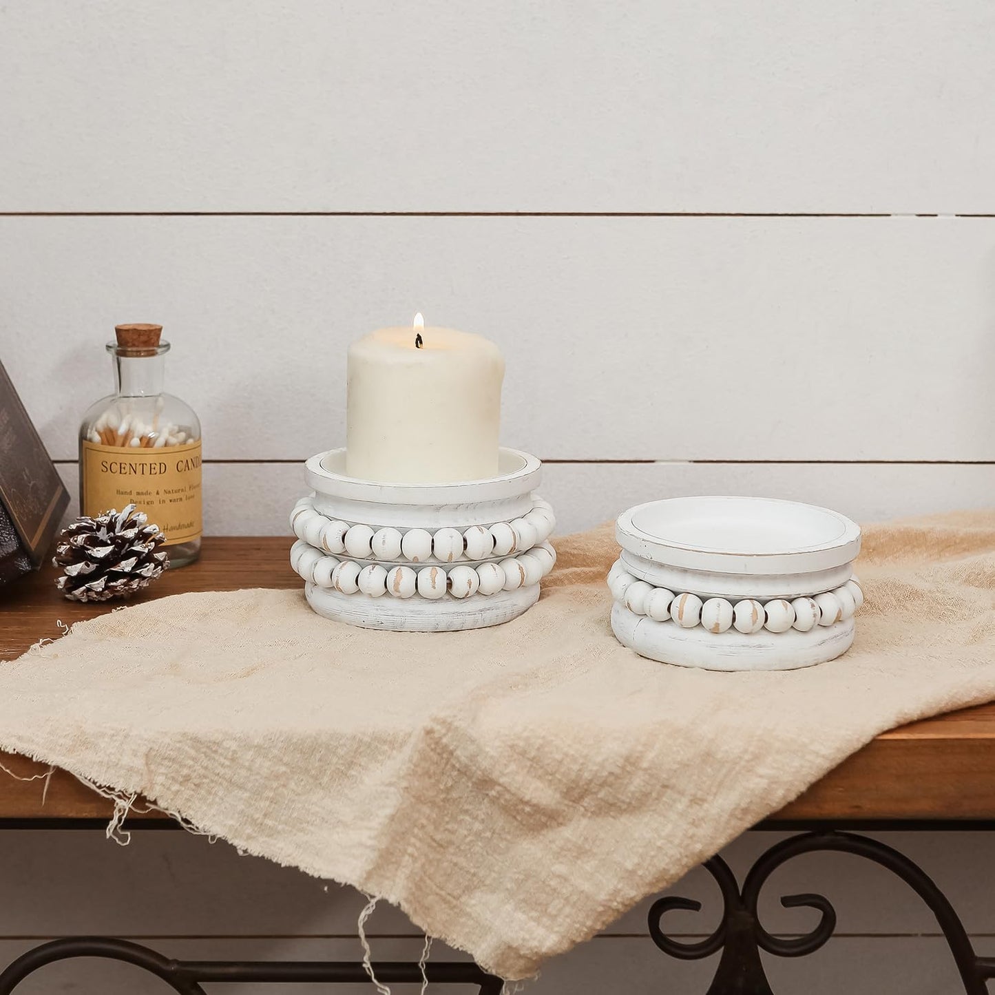 NIKKY HOME Farmhouse Beaded Wooden Candle Holders Set of 2, Rusitc Solid Wood Pillar Candlesticks Pedestal, Fireplace Mantle Table Centerpiece Decor, Distressed White