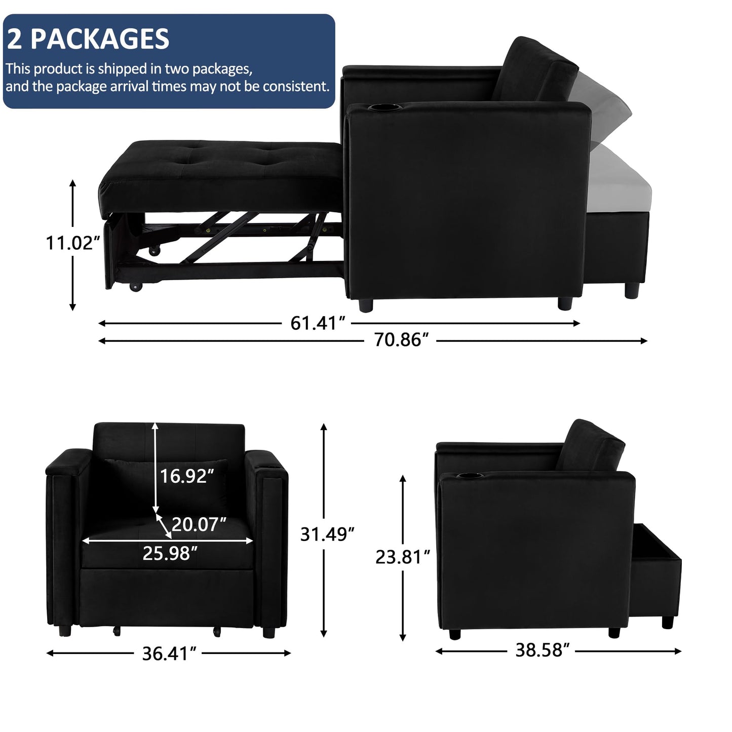 weselon Velvet Convertible Chair Bed, 3 in 1 Multi-Functional Lounge Chair Sleeper, Pull Out Couch Guest Bed with Hidden Table and Adjustable Backrest for Living Room Small Space Apartment (Black)