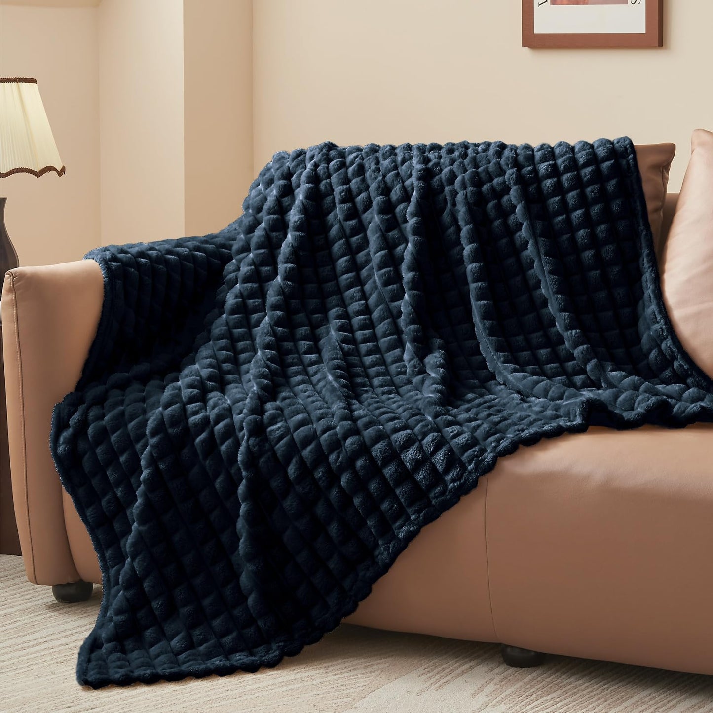 BEDELITE Navy Throw Blanket for Couch and Bed- Super Soft and Warm 3D Checkered Fluffy Fuzzy Fleece Blanket, Luxurious Plush Cozy Blanket for Room Decor Spring, 50x60 inches