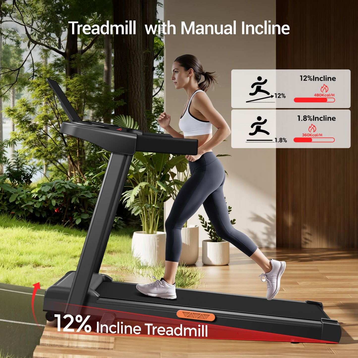 12% Incline Treadmill with Handle, 3-in-1 Portable Treadmills for Home and Office, Foldable Treadmills with 300 Lbs Weight Capacity, 3.0HP Quiet Walking Pad Treadmill, Three Touch Screen