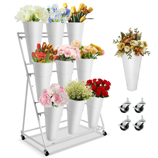 HuaShuani Flower Display Stand with 9 Buckets, 3 Tiers Metal Mobile Florist Bouquet Stand Flower Cart with 4 Wheels for Indoor Outdoor Patio Garden, Living Room, Florist