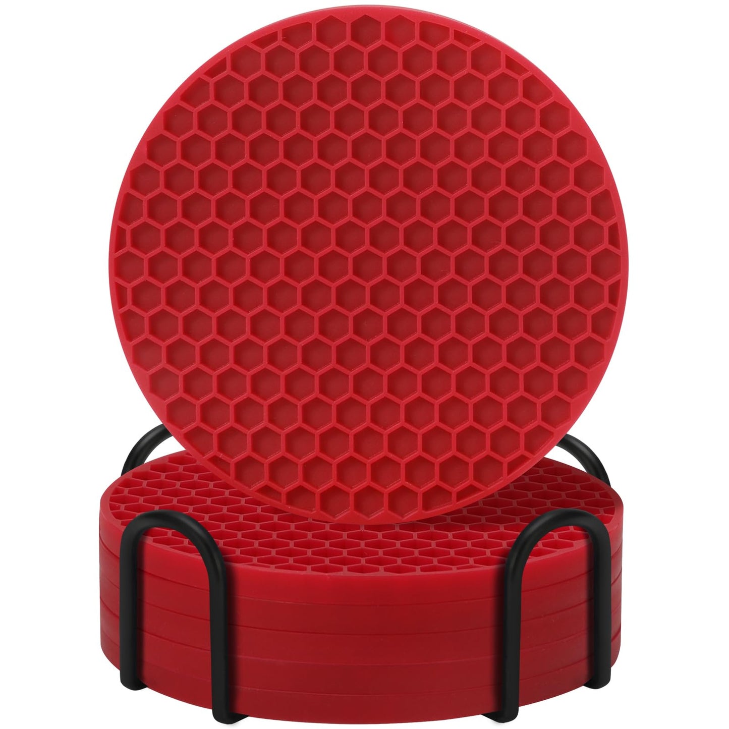 Coasters Set of 6 with Holder,Coasters for Drinks,Coffee Table Decor Coaster,Suitable for Kinds Cups,Anti-Slip,Non-Stick,Silicone Cup Coaster and Living Room Decor (6 Pcs, Wine red)