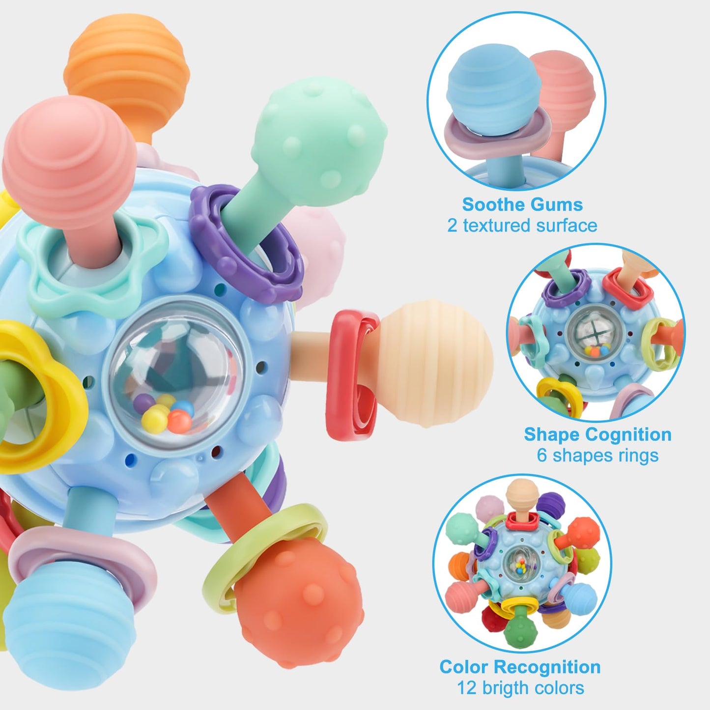 Baby Teething Toys, Baby Teethers Montessori Sensory Toys for 0-6 6-12 Months, Gifts for 1 Year Old Boys Girls Infant Newborn 0 3 6 9 12 18 Months Toys- Blue