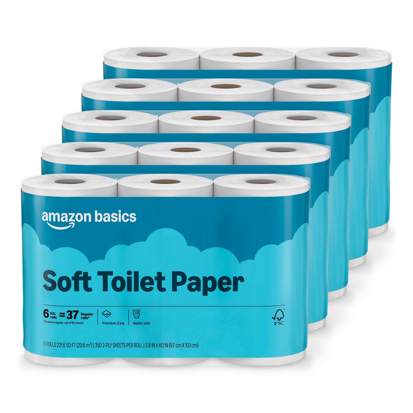 Amazon Basics 2-Ply Soft Toilet Paper, 6 Rolls (1 Pack of 6), Equivalent to 37 Regular Rolls, Packaging May Vary