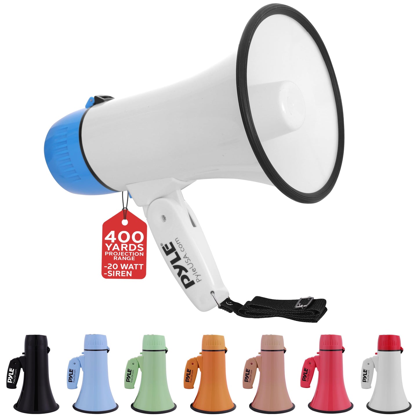 Pyle 20W Megaphone Bullhorn - Portable, Automatic Siren & Adjustable Volume,Projection Range Up to 400 Square Yards, Aux Input, Talk, Siren, Music, Whistle, & Record, Shoulder Strap (White-Blue)