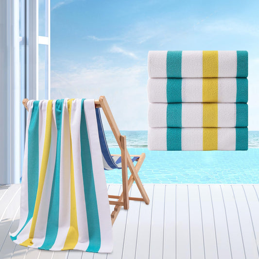 Beach Towel Set-4 Pack 30"x60" Sand Free Stripe Beach Towel for Pool,Bathroom,Soft Absorbent Quick Dry Lightweight Beach Bath Towel,Camping Blanket,Travel Towel,Beach Essentials for Adults,Teal/Yellow