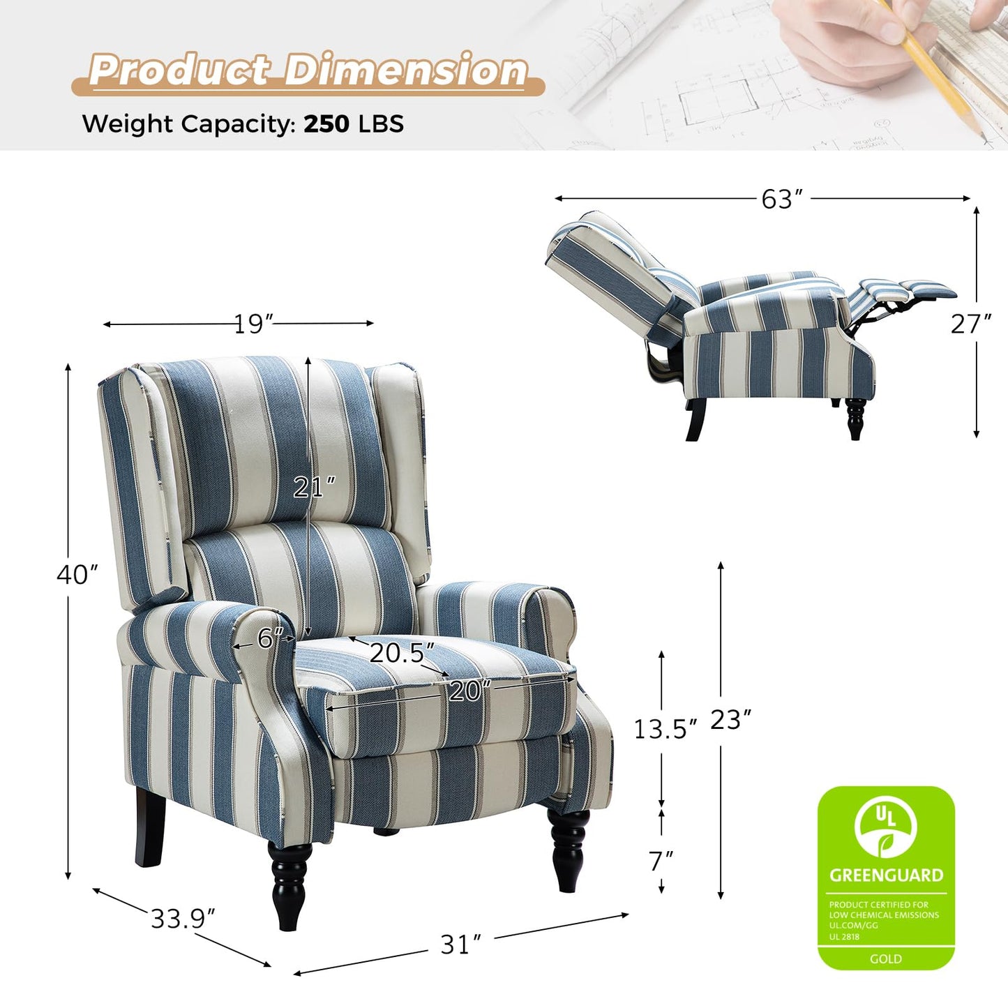 HULALA Home Upholstered Wingback Recliner Chair, Small Adjustable Footrest Push Back Single Reclining Sofa, Mid Century Modern Lounge Armchair for Living Room, Bedroom, Reading/Stripe Navy